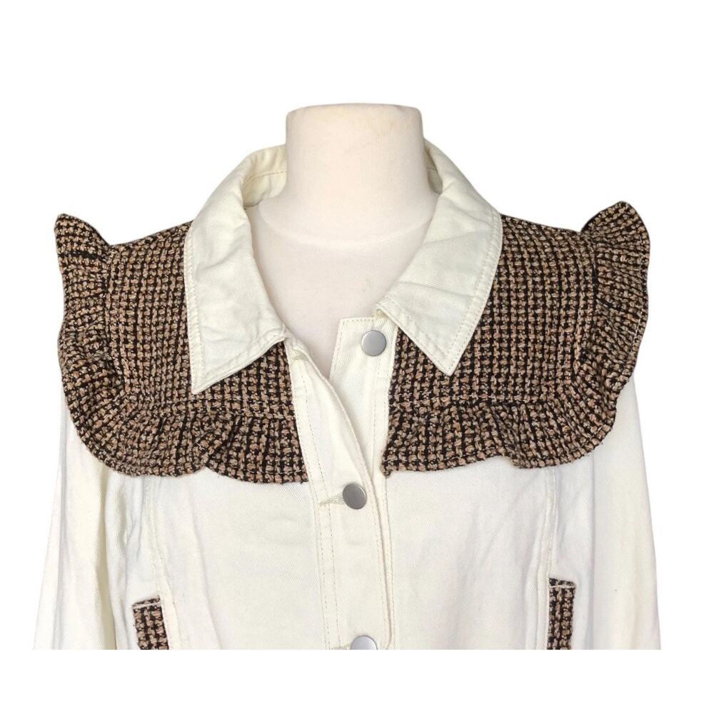 POL White Denim Jacket Ruffle Tweed Collar Frayed Hem Button Front Boutique SM - Picture 3 of 9